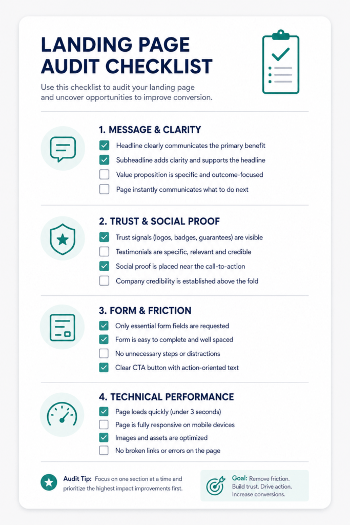 Landing page audit checklist card with four sections covering message clarity, trust signals, form friction, and technical performance with checkbox items