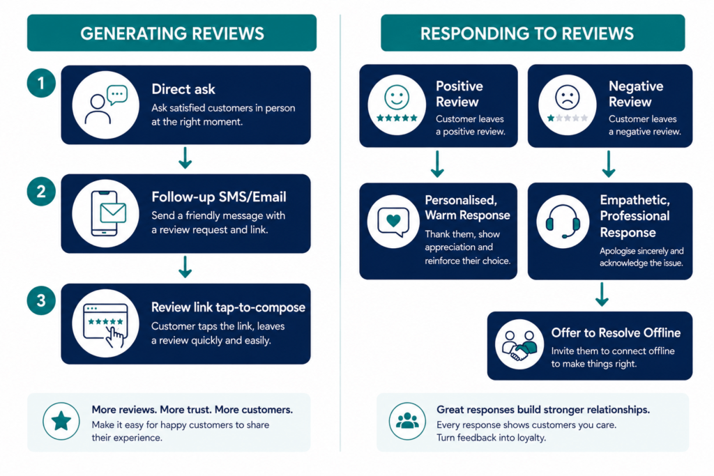 Two-column review management diagram showing review generation through direct ask, SMS follow-up and review link on the left, and review response strategy for positive and negative reviews on the right