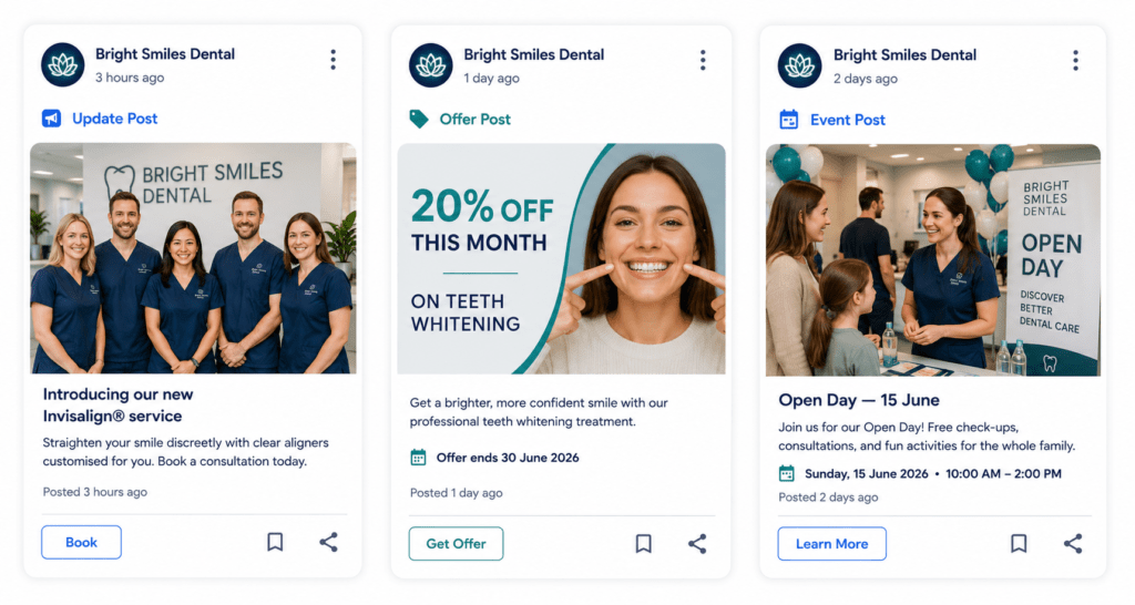 Three Google Post type mockups showing an Update post, Offer post with promotion and end date, and Event post with date label and CTA buttons
