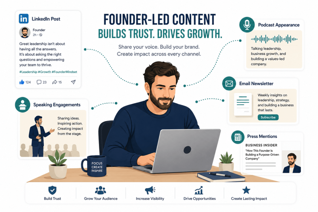 Editorial illustration of a founder surrounded by personal brand touchpoints including LinkedIn content, podcast, newsletter, speaking and press elements