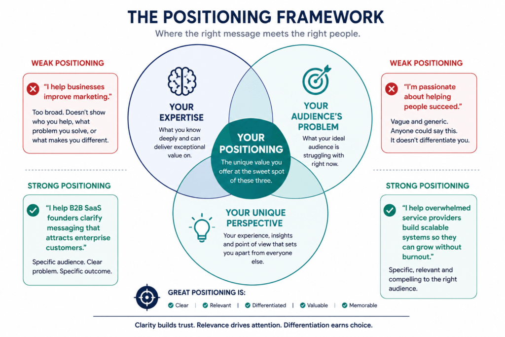 Venn diagram showing founder positioning as the intersection of expertise, audience problem and unique perspective, with examples of weak versus strong positioning statements