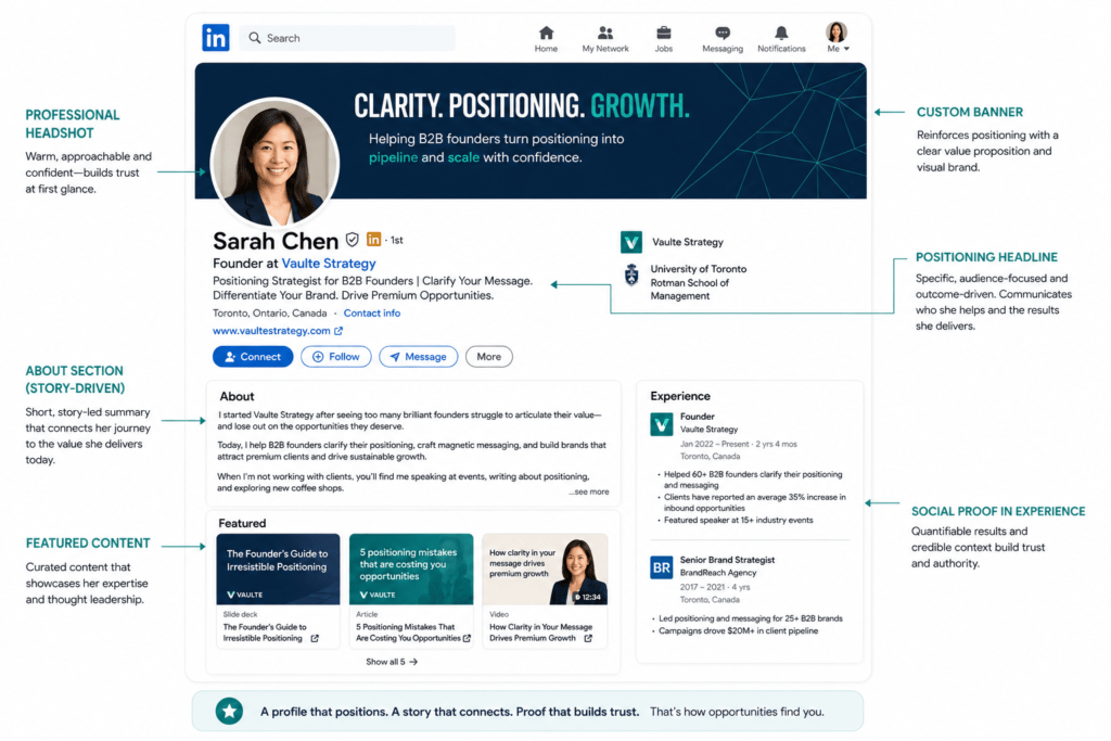 Annotated LinkedIn profile mockup for a fictional founder showing optimised headline, About section, Featured posts and social proof in experience entries with labelled annotation arrows