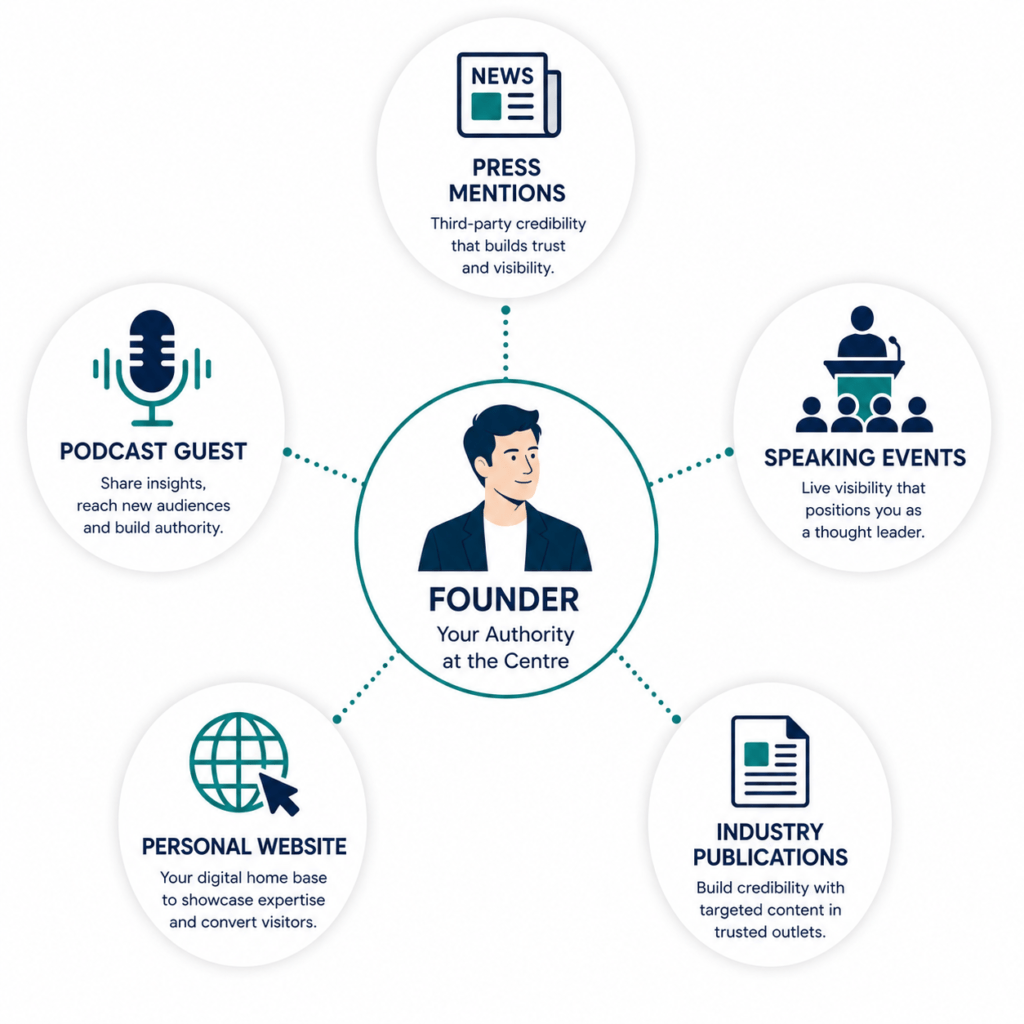 Radial diagram showing five external authority touchpoints surrounding a founder including press mentions, podcast appearances, speaking events, personal website and industry publications