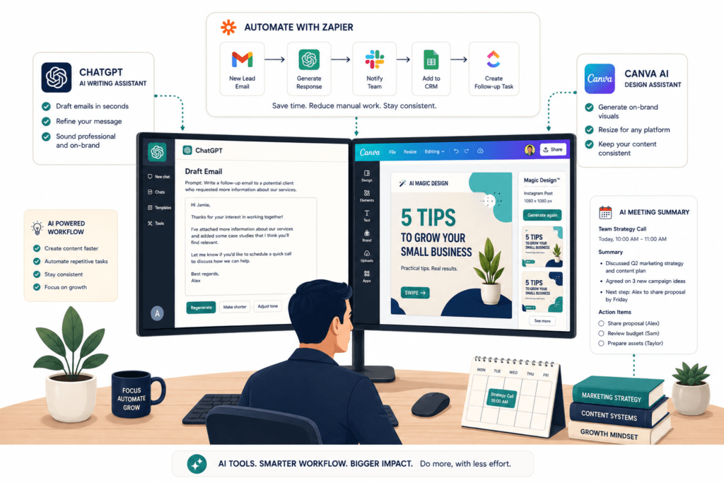 Small business owner's digital workspace showing multiple AI tool interfaces including an AI writing assistant, design tool, automation workflow, and meeting summary
