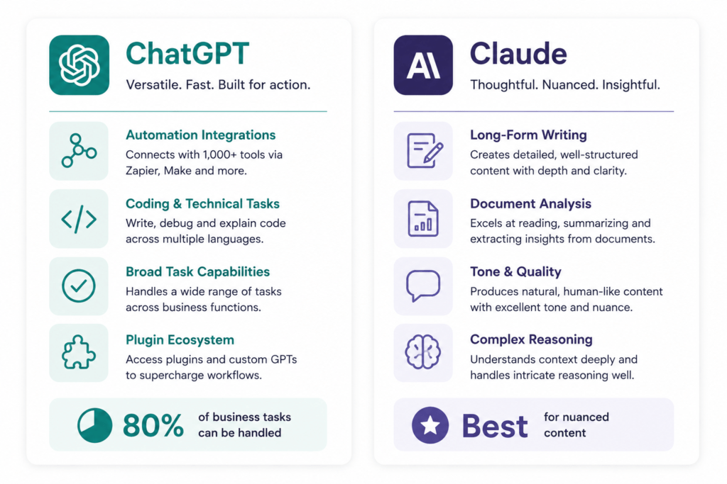 Side-by-side comparison cards for ChatGPT and Claude showing their distinct strengths — ChatGPT for automation and broad tasks versus Claude for nuanced writing and document analysis