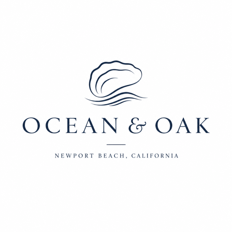 Ocean & Oak primary logo showing minimal wordmark with abstract coastal mark above text in deep navy on ivory
