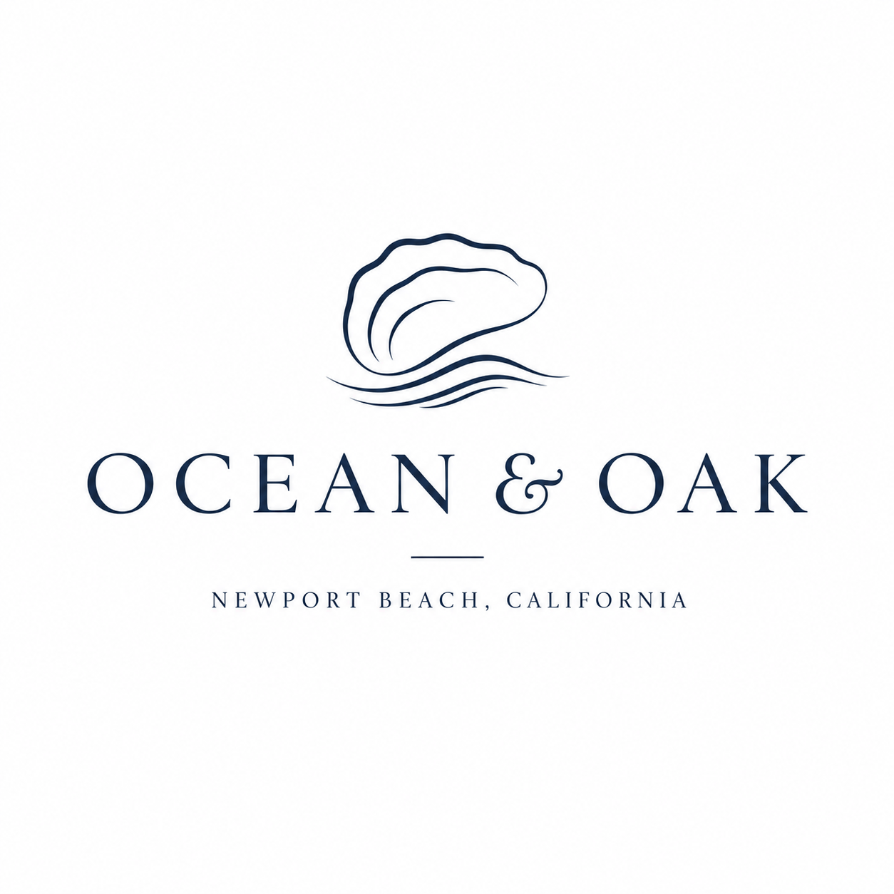 Ocean & Oak primary logo showing minimal wordmark with abstract coastal mark above text in deep navy on ivory