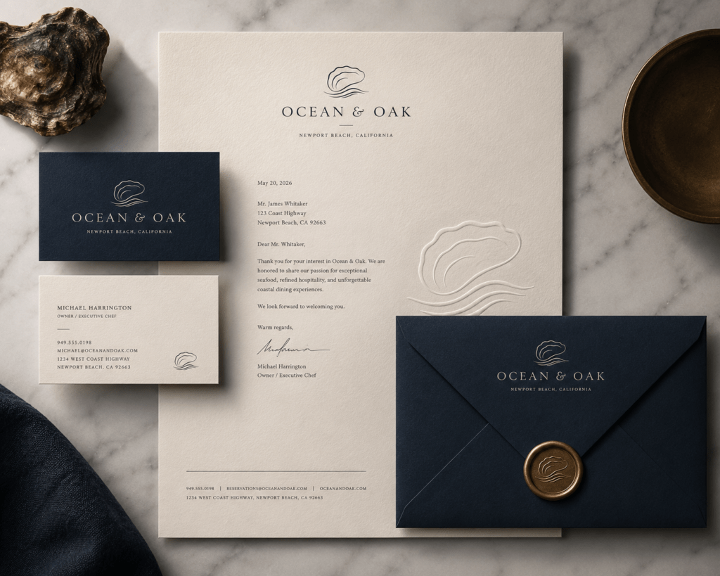 Ocean & Oak brand identity suite laid on marble showing business card, letterhead and envelope in navy and ivory