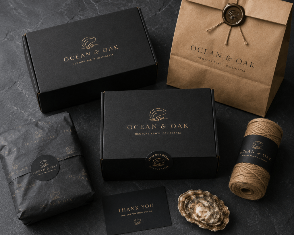 Ocean & Oak premium takeaway packaging including matte black kraft box with gold foil logo, branded tissue and wax sealed bag