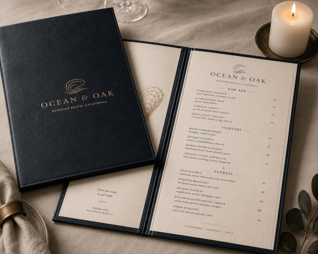 Ocean & Oak leather bound menu with gold embossed logo opened to show clean typographic seasonal seafood menu layout
