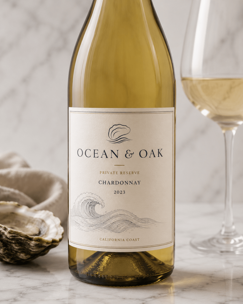 Ocean & Oak private label wine bottle with minimal ivory label showing wordmark and etched wave illustration