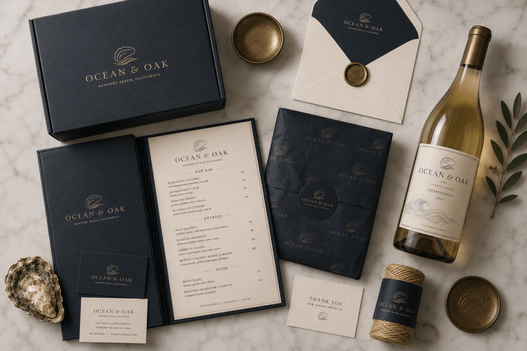 Complete Ocean & Oak brand touchpoints flat lay on marble including all packaging and print materials