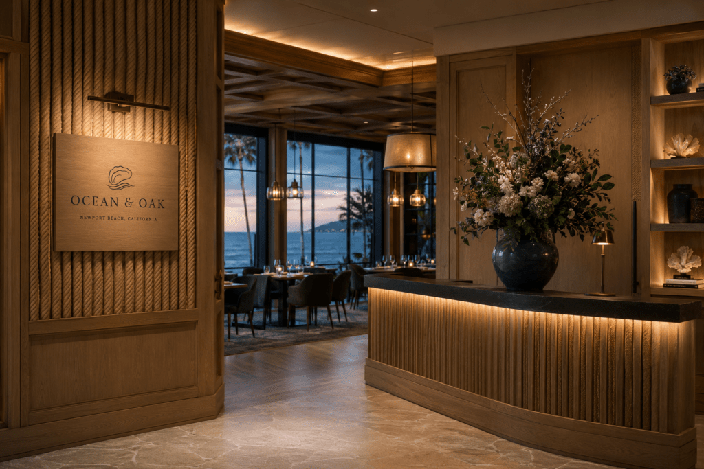 Ocean & Oak restaurant entrance showing floor-to-ceiling ocean view windows, white oak panelling and bronze pendant lighting