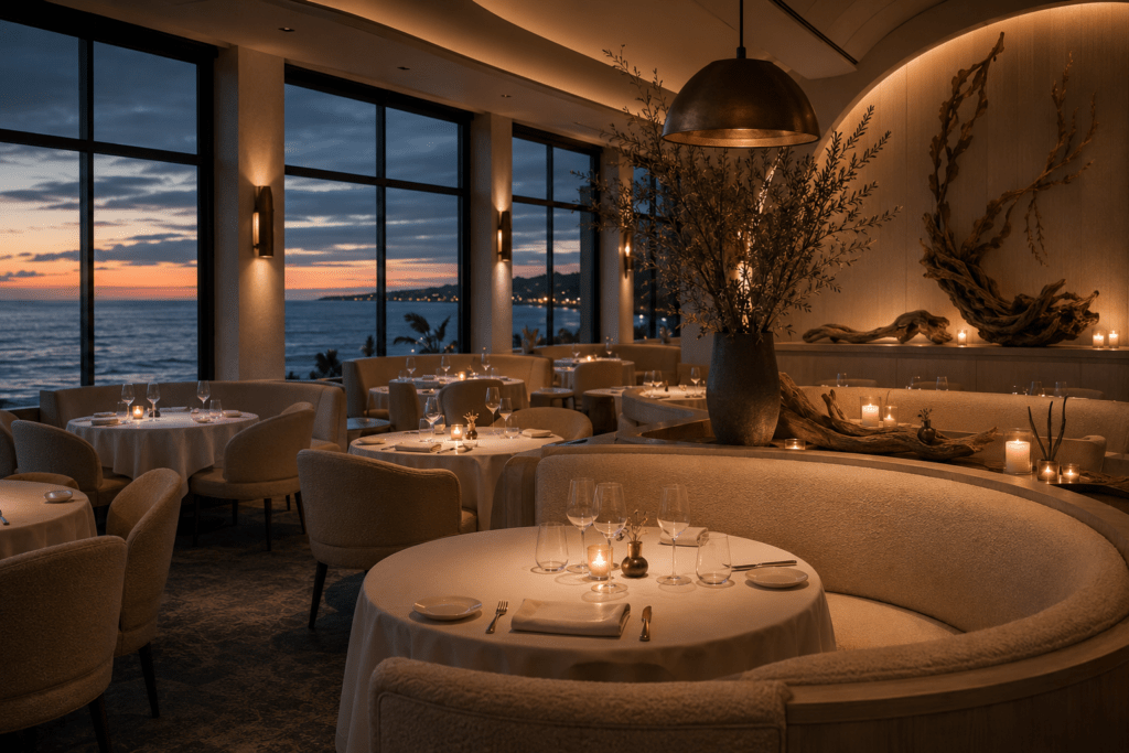 Ocean & Oak main dining room with curved ivory boucle banquette seating, white linen tables and ocean view windows