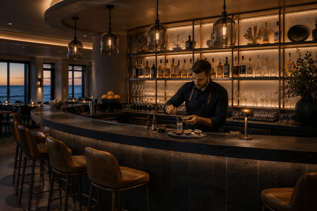 Ocean & Oak curved slate bar with backlit spirit shelving, leather stools and bartender in navy apron