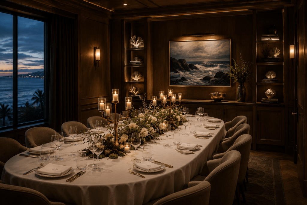 Ocean & Oak private dining room with oval table for ten, crystal glassware, bronze candelabra and dark oak panelling