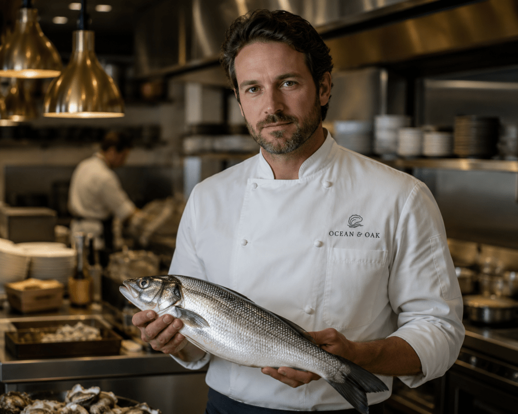 Ocean & Oak head chef in white embroidered chef coat holding fresh whole branzino in the restaurant kitchen