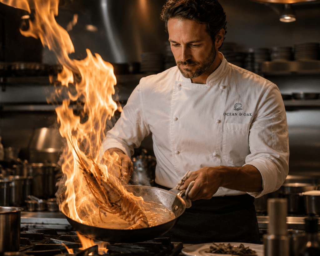 Chef flambéing langoustine in carbon steel pan with dramatic flame in the Ocean & Oak kitchen