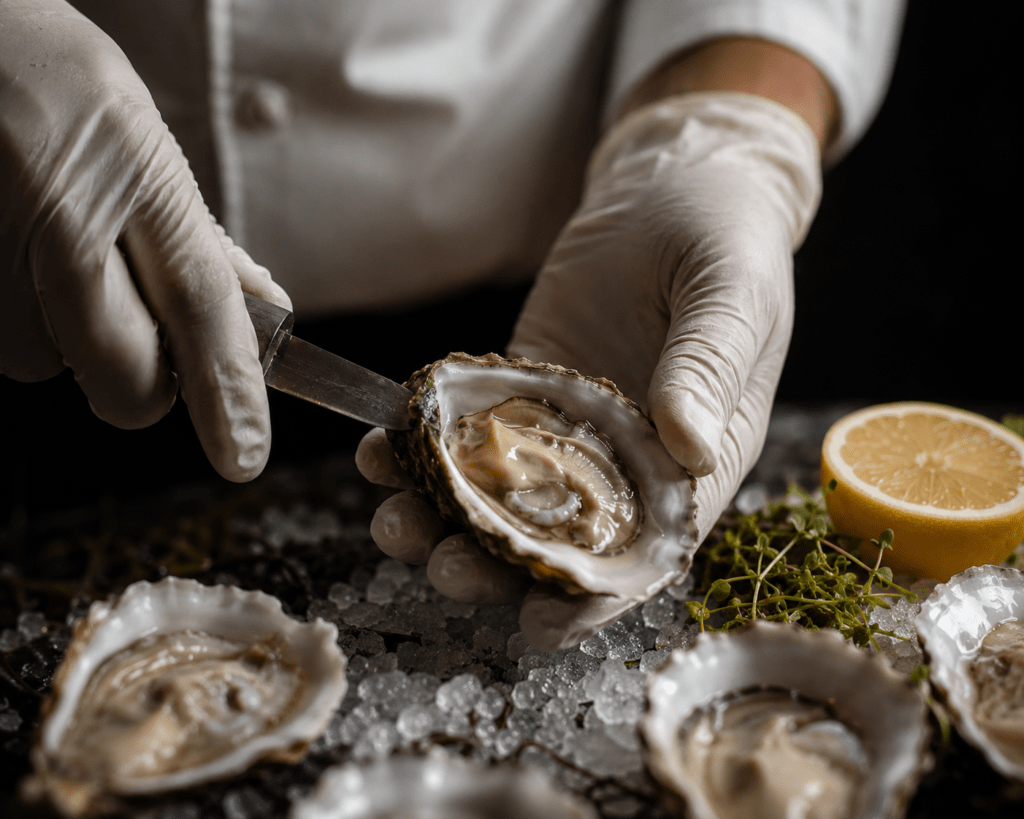 Close up of chef hands shucking a Pacific oyster over crushed ice with lemon and micro herb garnish on slate