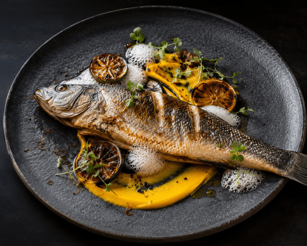 Ocean & Oak signature whole roasted sea bass on slate ceramic plate with charred citrus, saffron emulsion and sea foam