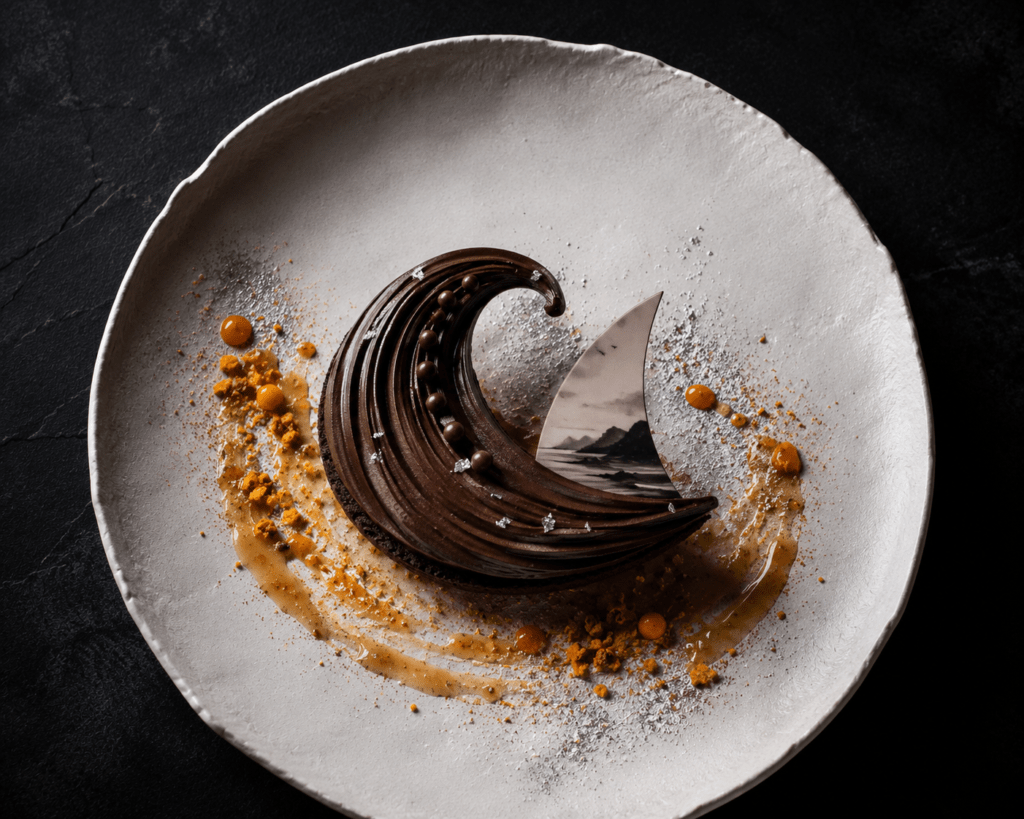 Avant-garde dark chocolate wave tart on white ceramic with sea salt caramel, edible silver dust and chocolate sail