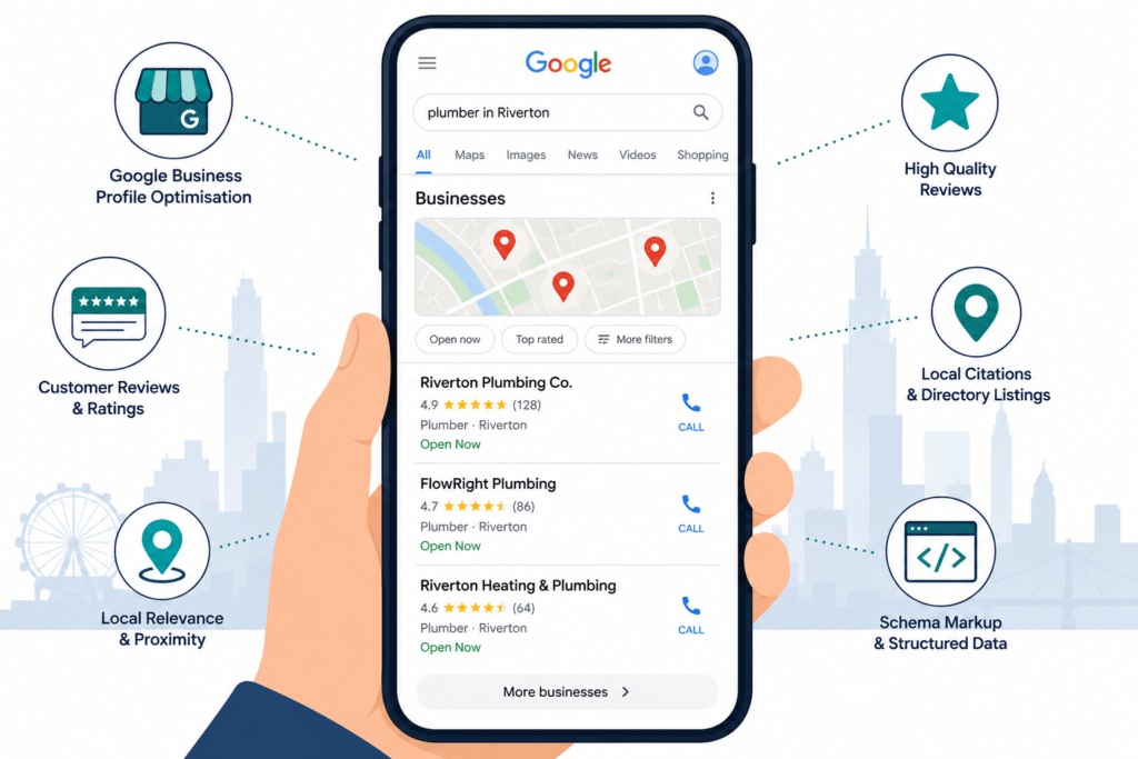 Smartphone displaying a Google Maps local pack result for a service business, surrounded by local SEO optimisation signal icons