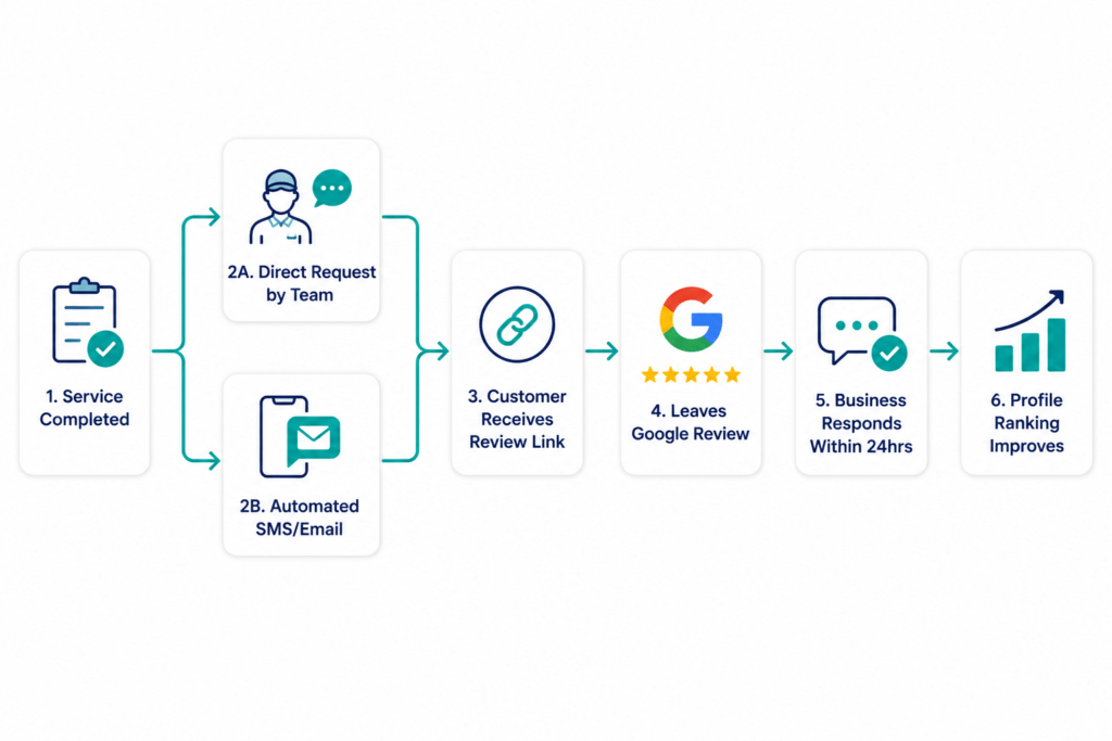 Review generation system flowchart showing the five-step process from service completion through direct request, review submission and business response to improved local ranking