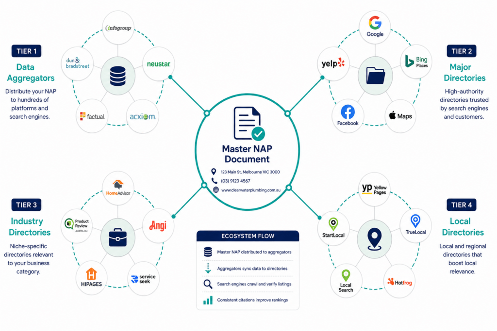Citation ecosystem diagram showing how a master NAP document connects to four tiers of citation sources from data aggregators to local directories