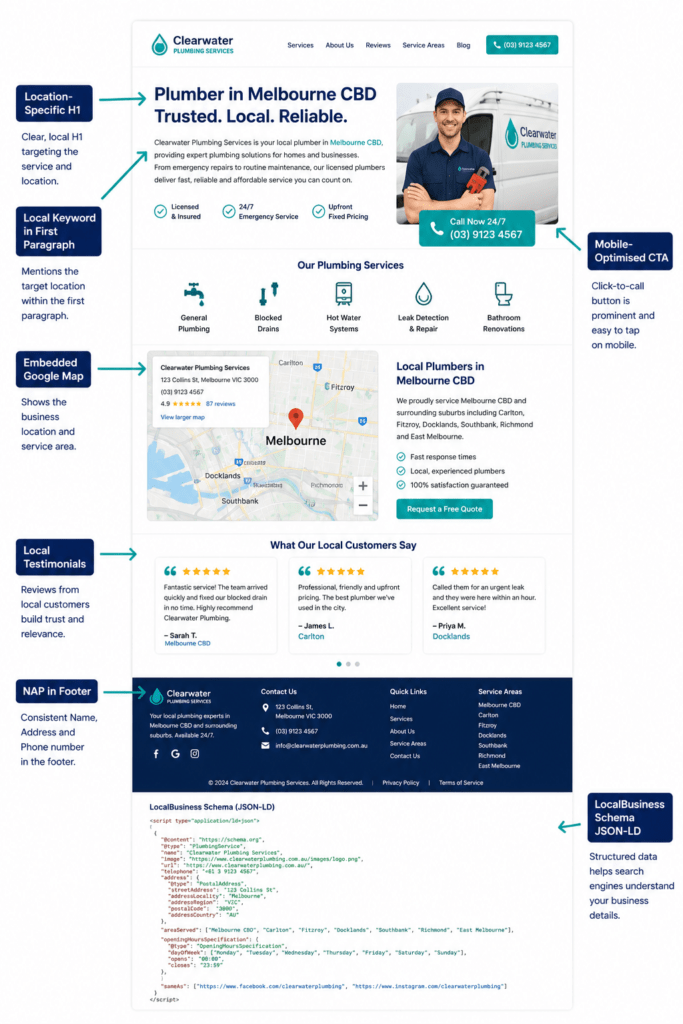 Annotated local service page structure showing the placement of local SEO signals including location keyword, map embed, NAP footer and LocalBusiness schema