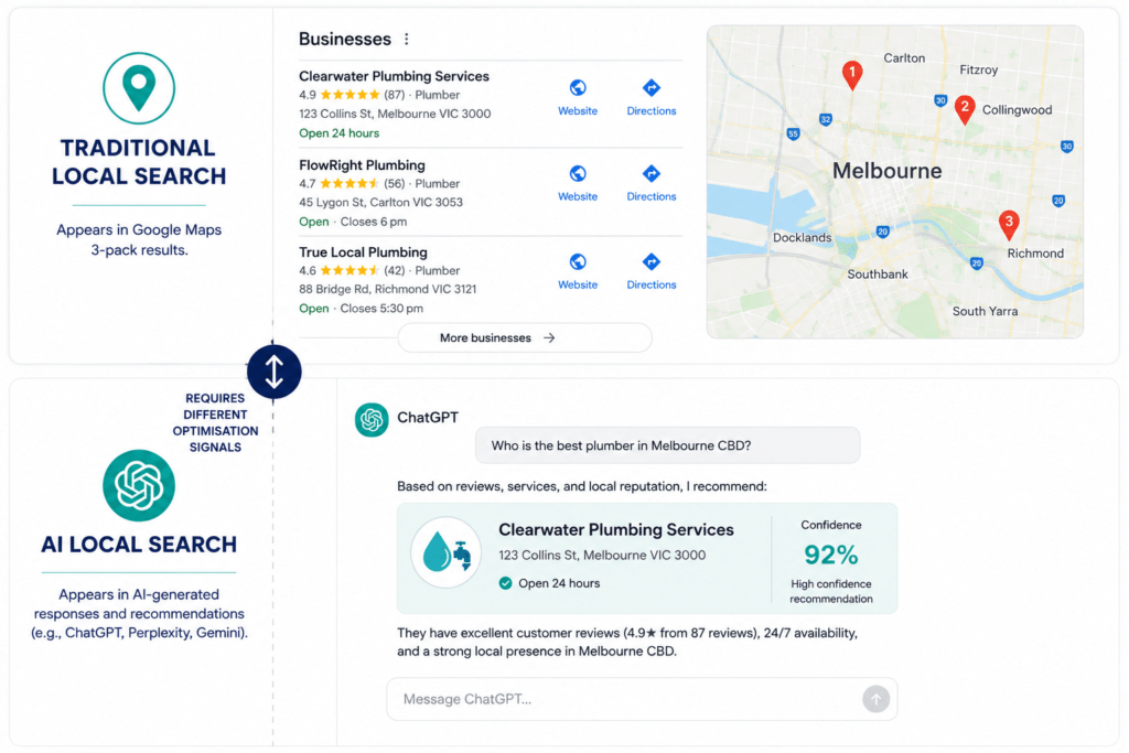 Split diagram comparing traditional Google Maps 3-pack visibility with AI search local recommendation, showing the two distinct optimisation requirements