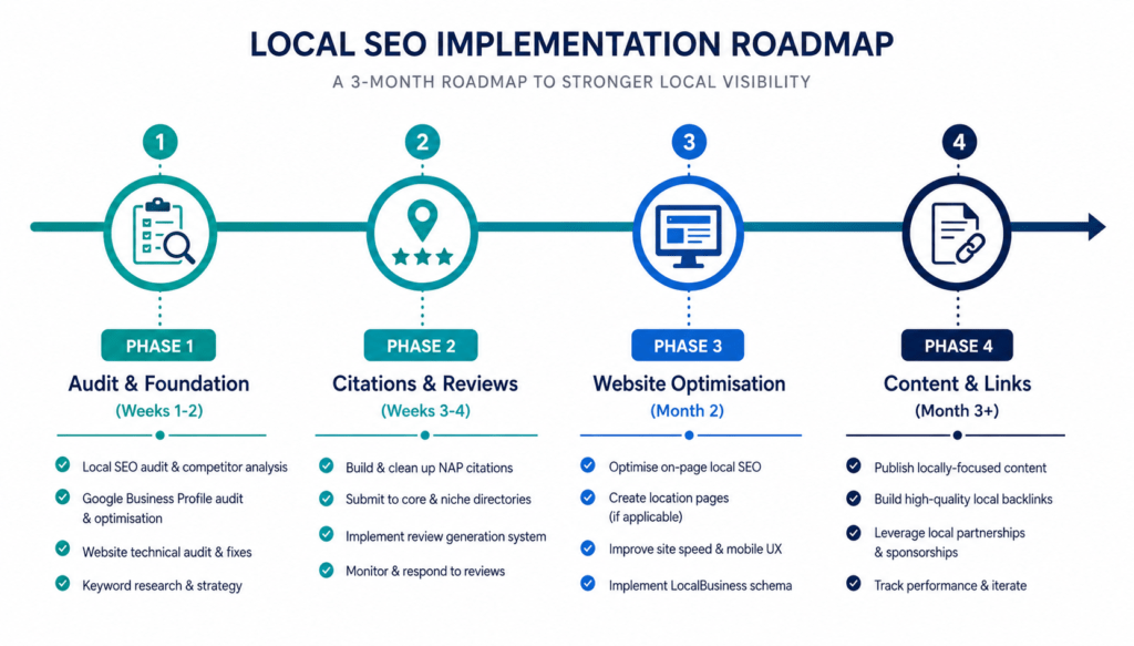 Four-phase local SEO implementation roadmap timeline showing tasks from audit and foundation through citations, website optimisation and ongoing content and link building