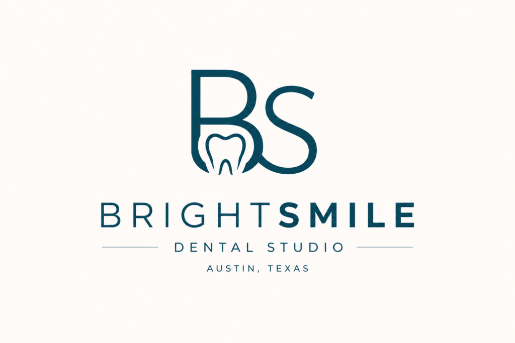 BrightSmile Dental Studio teal and white logo with abstract tooth mark for Austin Texas dental practice