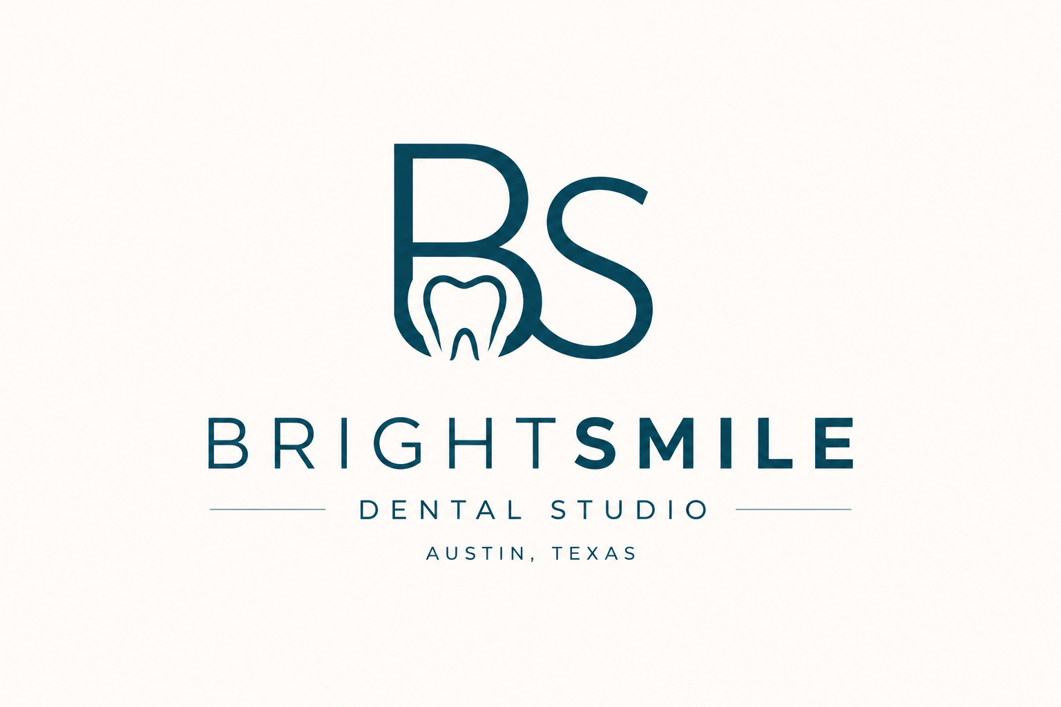 BrightSmile Dental Studio teal and white logo with abstract tooth mark for Austin Texas dental practice