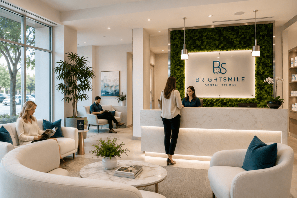 Bright modern dental practice reception area with teal accents, living green wall and backlit logo panel in Austin Texas
