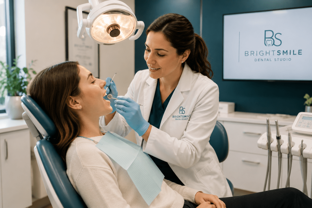 Female dentist in white coat examining a relaxed patient in a modern dental chair at BrightSmile Dental Studio Austin Texas
