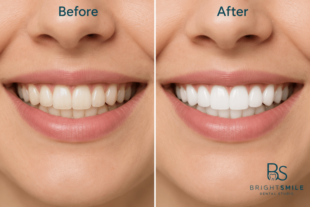 Side-by-side before and after comparison of patient teeth before and after professional whitening at BrightSmile Dental Austin Texas