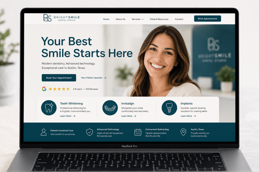 BrightSmile Dental Studio website homepage on MacBook showing teal hero section, patient photography, service icons and Google review rating