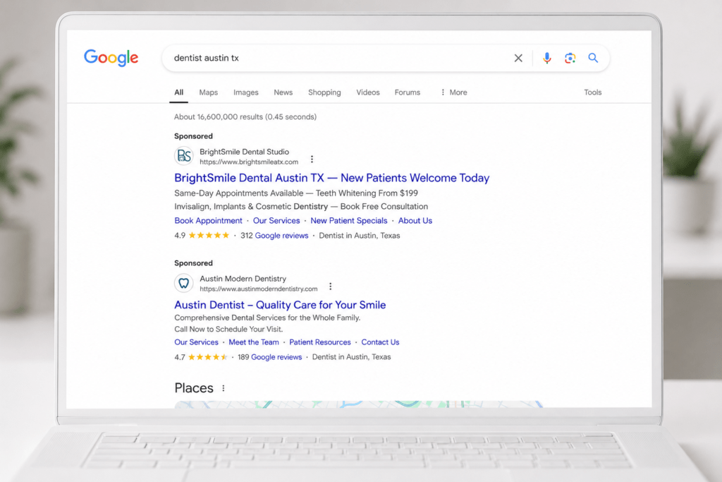 Google search results page showing BrightSmile Dental Studio paid search ads targeting dentist Austin TX with appointment and whitening offers
