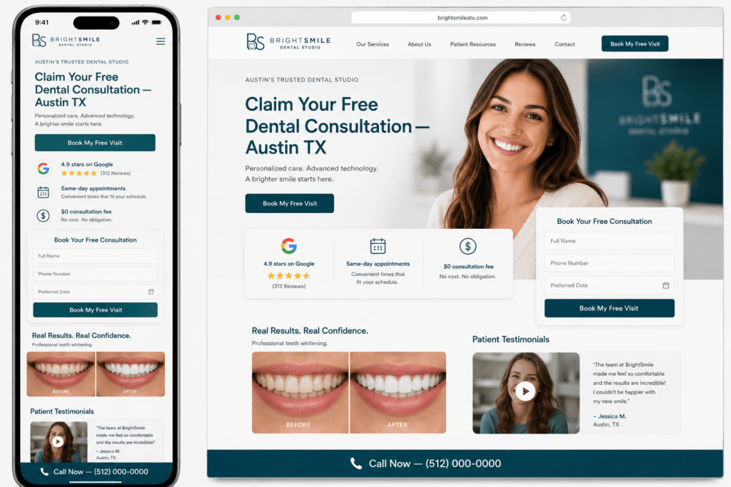 BrightSmile Dental Studio Google Ads landing page on desktop and iPhone showing free consultation offer, trust signals, before and after images and booking form