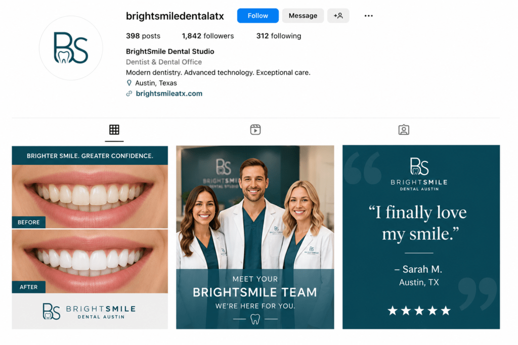 BrightSmile Dental Studio Instagram grid showing teeth whitening before and after, team photo and patient testimonial posts in consistent teal and white brand style